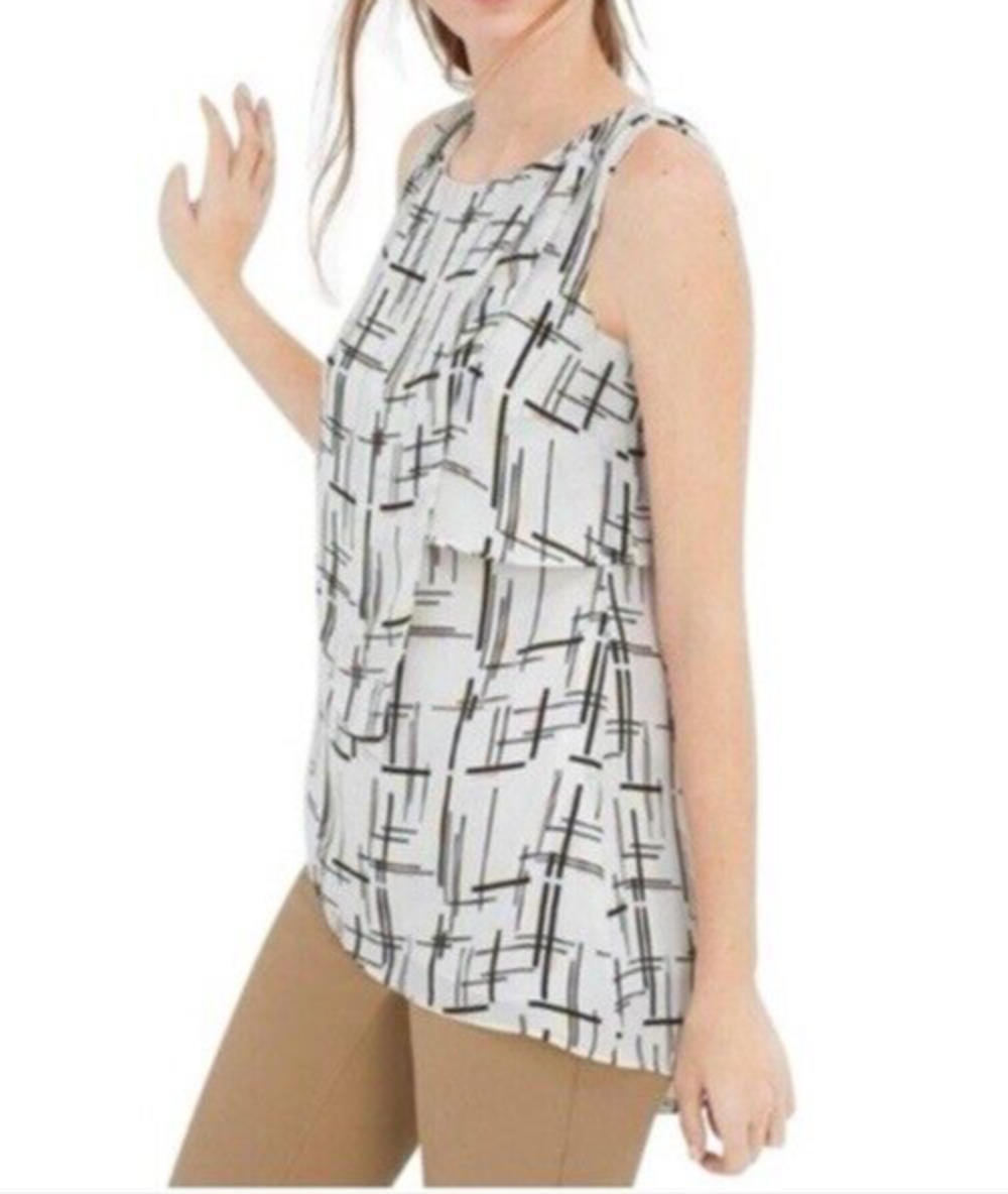 WHBM Sleeveless Top XS Long Lined tunic Abstract Print Asymmetrical Layering